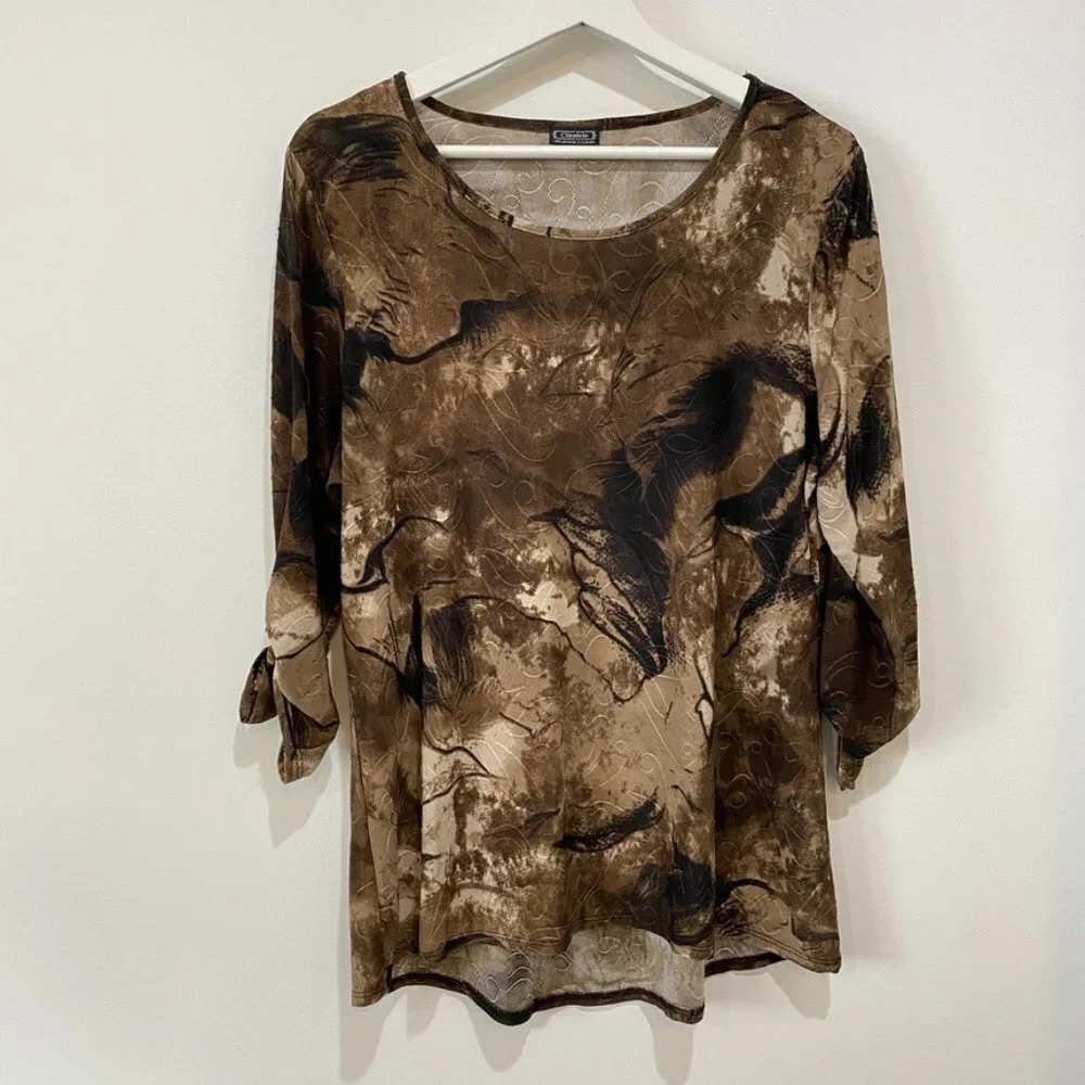 Clientele Smokey Tie-Dye 3/4 Sleeve Brown and Cream Women's L Shirt